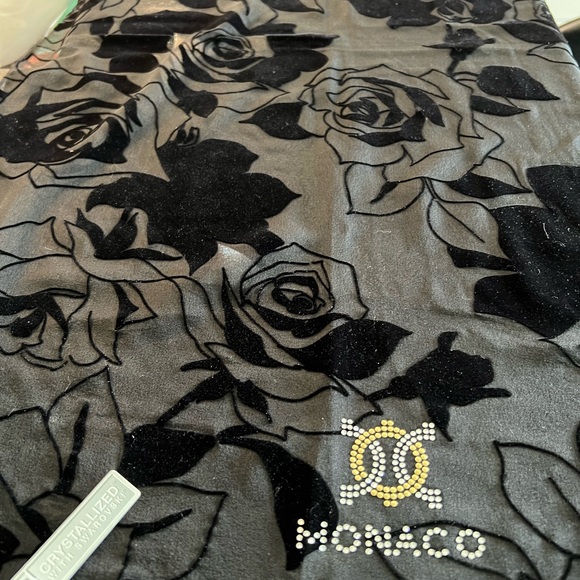 BLACK on BLACK 68” x 20” EMBELLISHED SCARF with SWAROVSKI CRYSTALS. - Picture 2 of 10